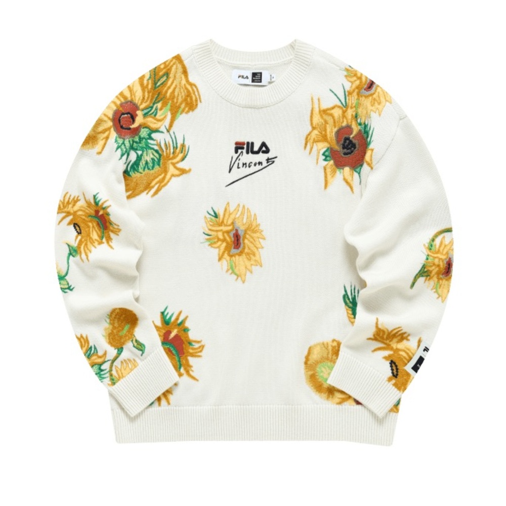 FILA Unisex Van Gogh White Sweater with Sunflower Design